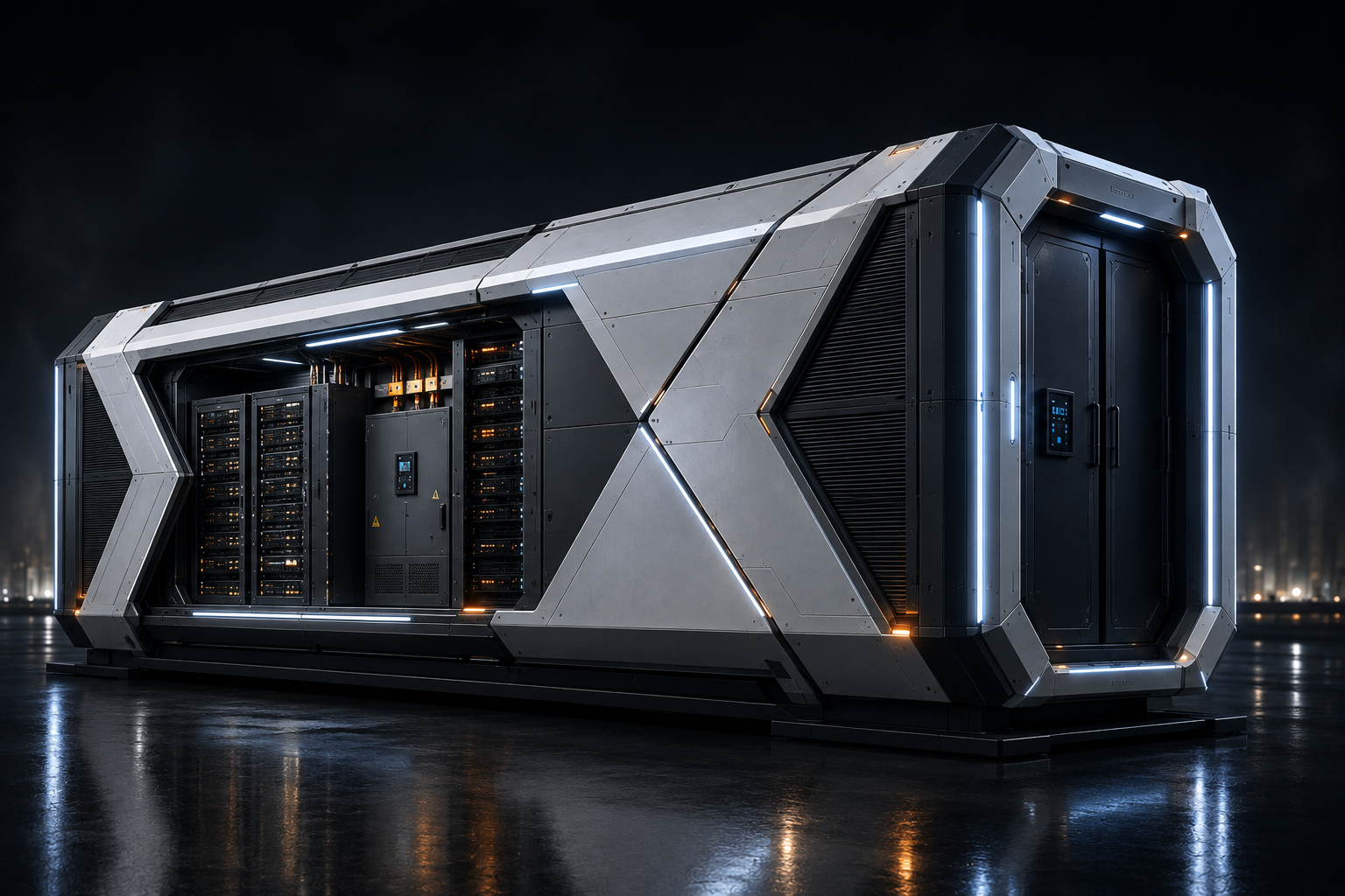 Container data center DATRIX — white enclosure, interior fit-out