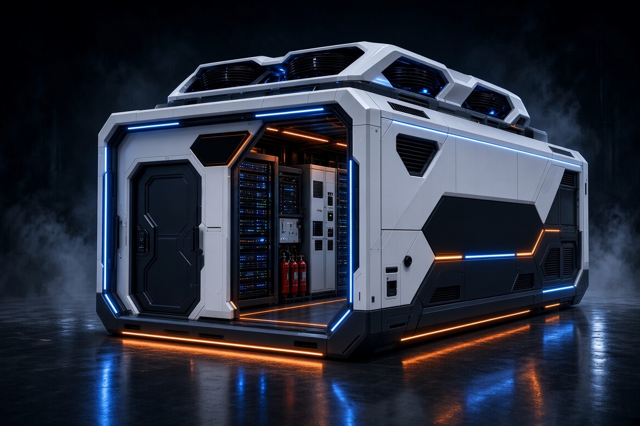 Modular data center DATRIX — compact module with open door and server racks inside