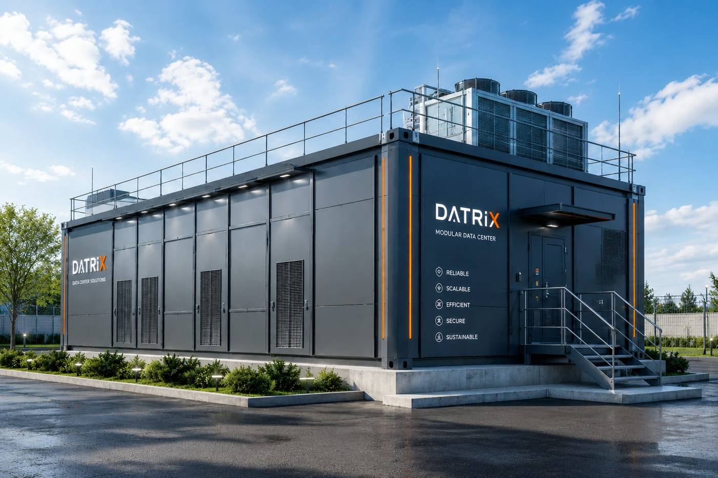 Modular data center DATRIX — elongated enclosure with branded lighting and open entrance